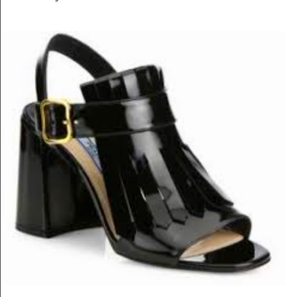 PRADA Patent Leather Kilt Block-Heel Sandals